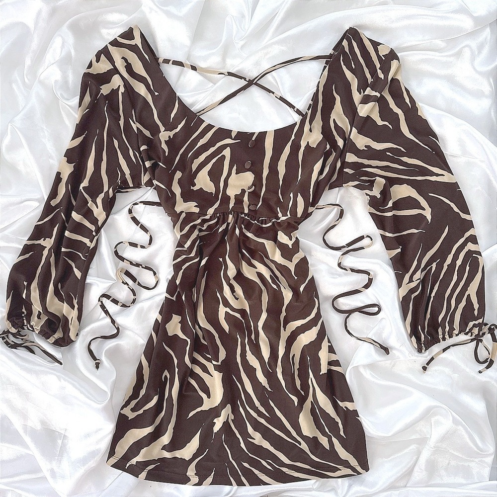 No Boundaries Zebra Print Empire Waist Tunic Top Brown Cream Juniors L 11-13